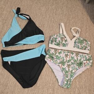 Chic Two-Piece Swimsuit Set in Black, Blue, and Tropical Print Size Adult XS.